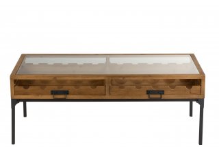 Table basse 2 tiroirs pour bouteilles FAKY métal noir et bois naturel.